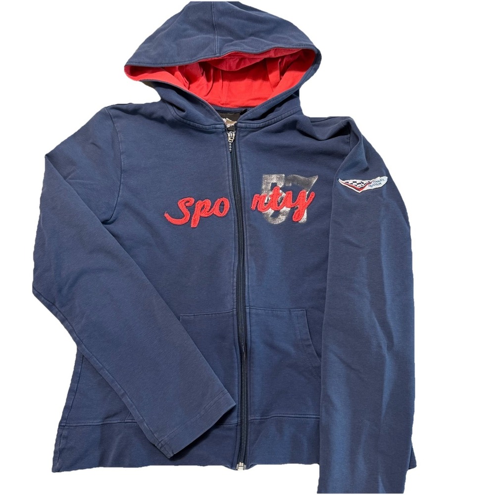 Harley Davidson Womens Large Hooded Zip Up Sweatshirt Blue And Red Sporty Racing